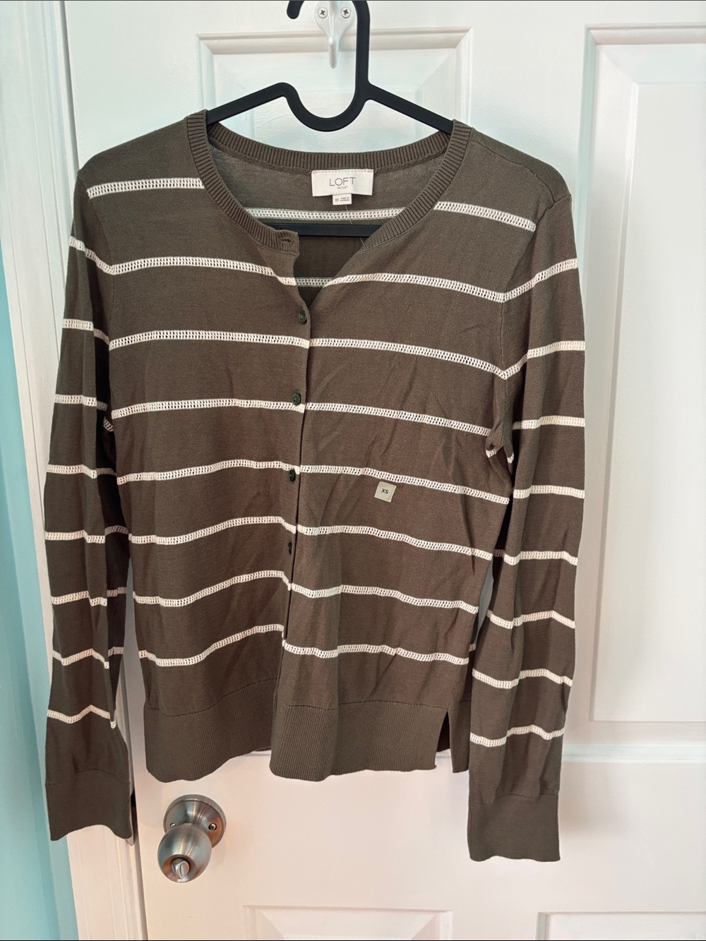 LOFT Olive & White Striped Button-Front Cardigan